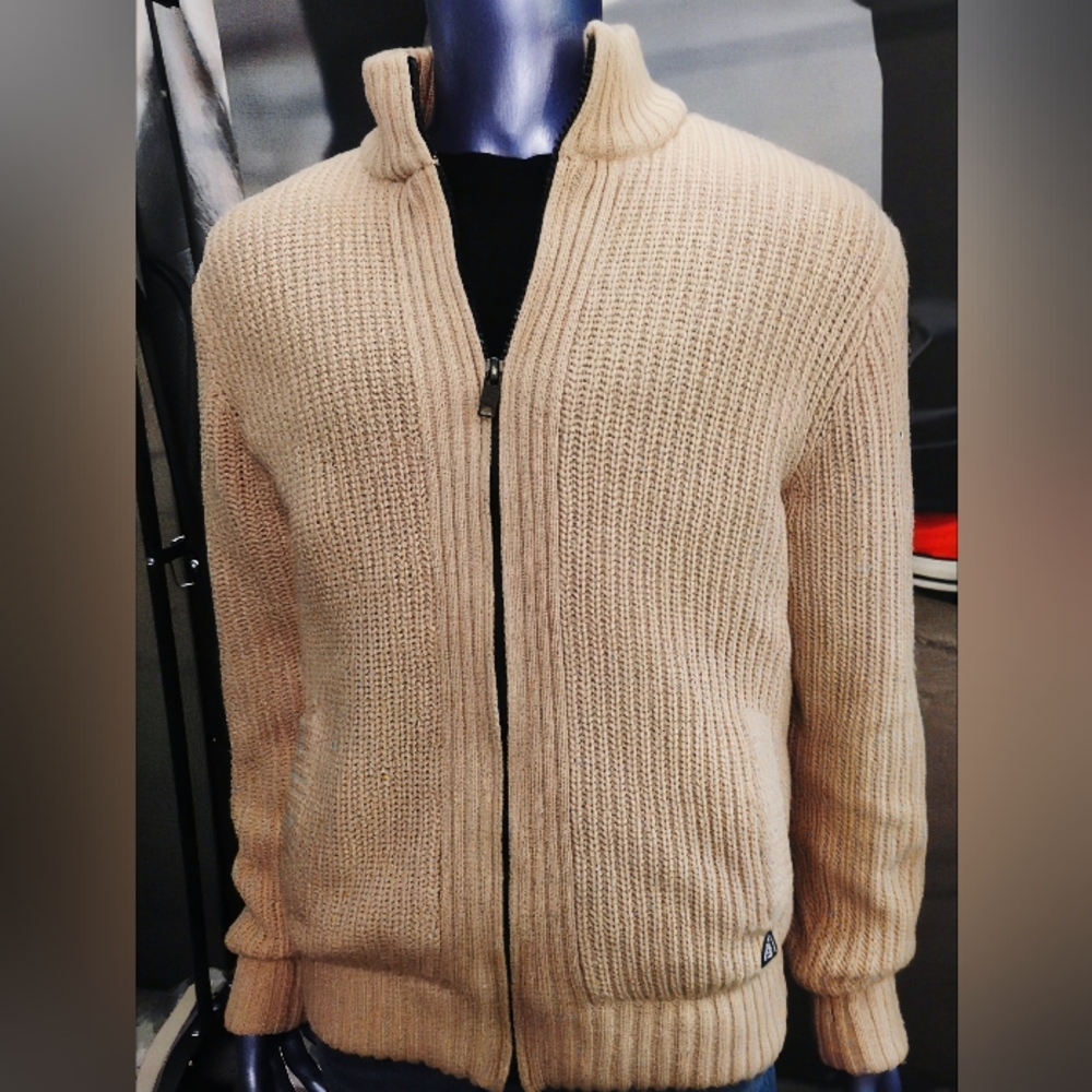 American Stitch Men’s Quilted Sweater Jacket S Beige Ribbed Full Zip Layered